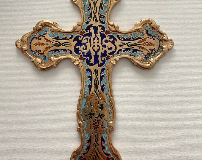 Antique baroque style multi-colored vitrified enamelled bronze cross