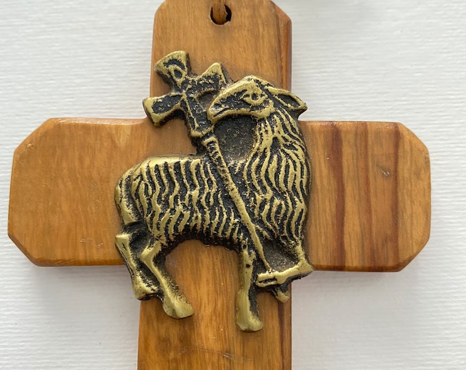 Cross wood Olivier and bronze, Eucharist and communion, Lamb of God, French artisanal work