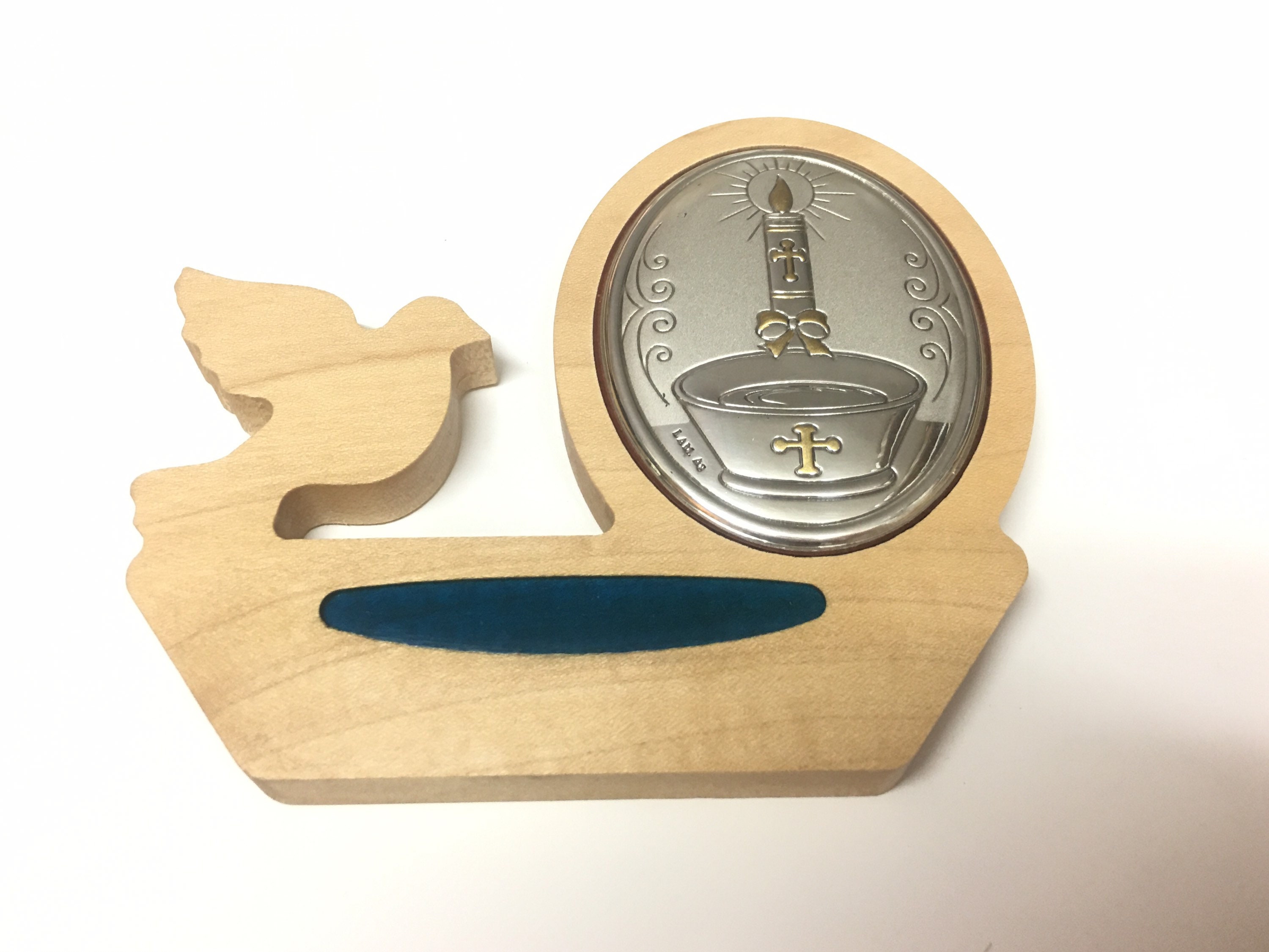 Plaque Bois Naturel et Argent Esprit Saint Colombe, Cierge sur Bénitier