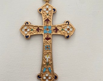 Antique baroque style multi-colored vitrified enamelled bronze cross