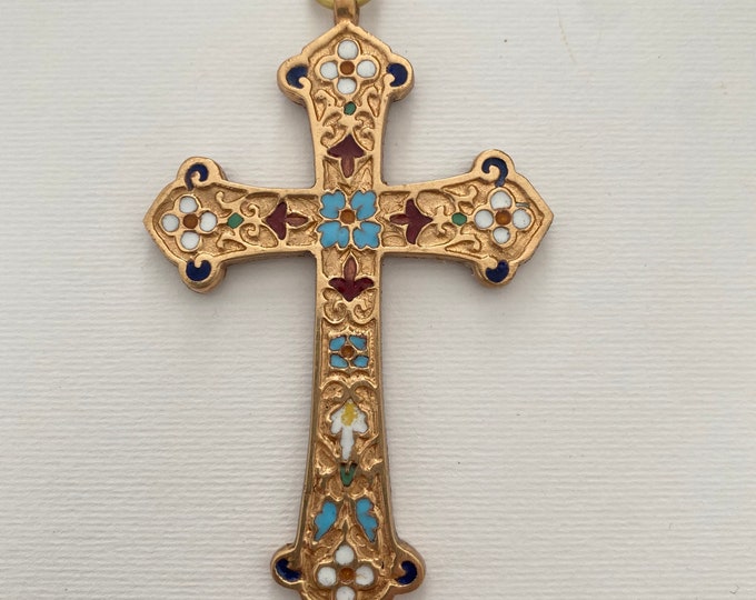 Antique baroque style multi-colored vitrified enamelled bronze cross
