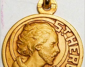 Medal Saint Hervé gold plated 3 microns diameter 18mm handmade in France