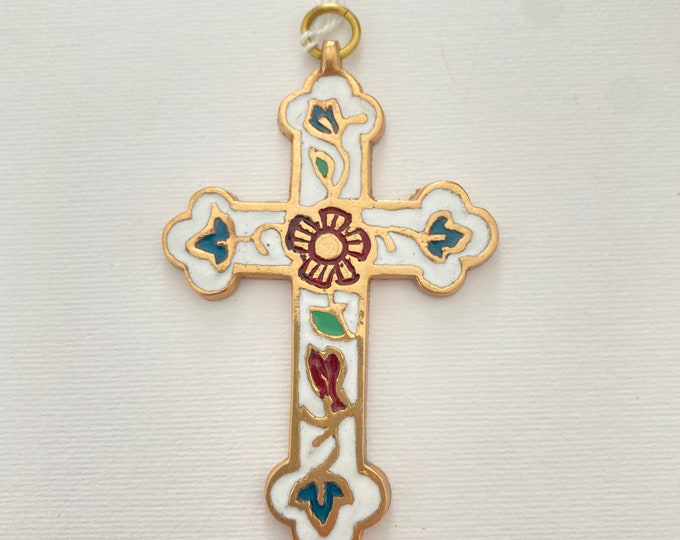 Antique baroque style multi-colored vitrified enamelled bronze cross