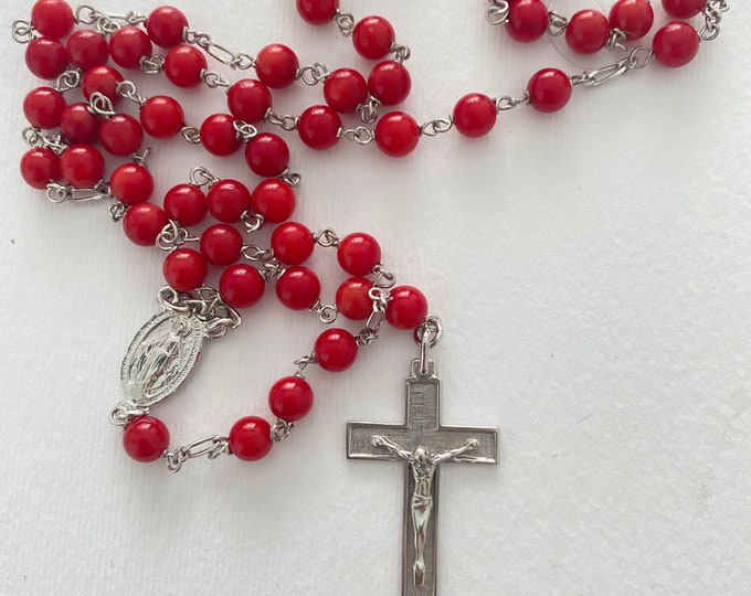 Religious Rosary of France in silver 925 and coral pearls, heart of the Virgin Mary and Jesus Rosary on the Cross pendant