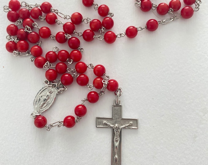 Religious Rosary of France in silver 925 and coral pearls, heart of the Virgin Mary and Jesus Rosary on the Cross pendant