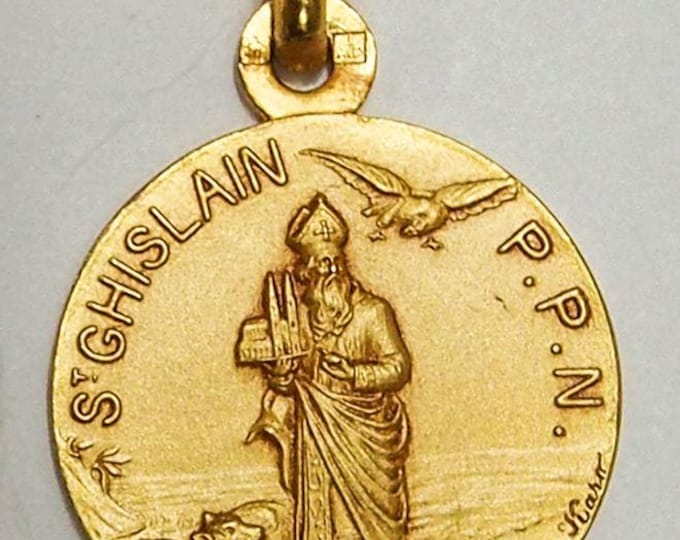 Medal Saint Ghislain gold plated 3 microns diameter 18mm handmade in France