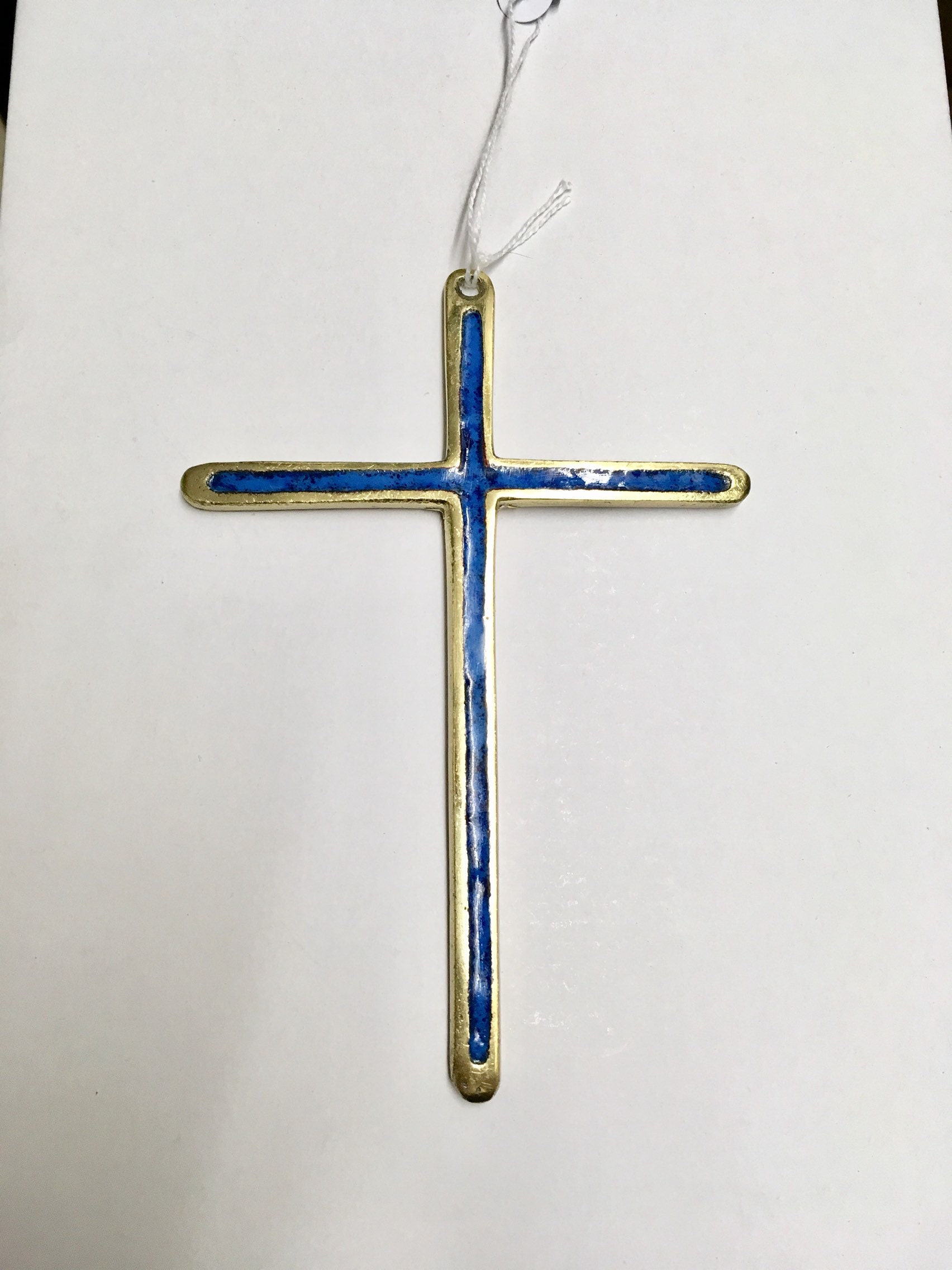 Art Du Bronze Religieux, Croix en Emaillé Bleu Style Medieval