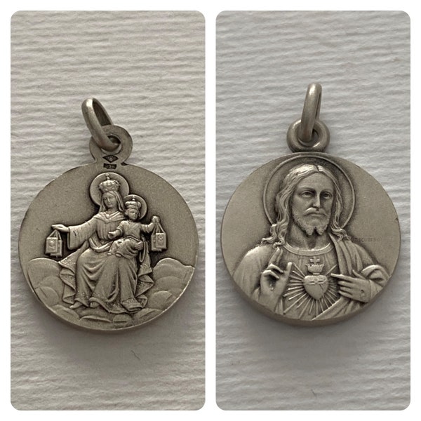 RECTO VERSO Médaille de Sacré cœur de Jesus / Scapulaire du Mont Carmel,  en argent 925 très belle fabrication française détails magnifiques