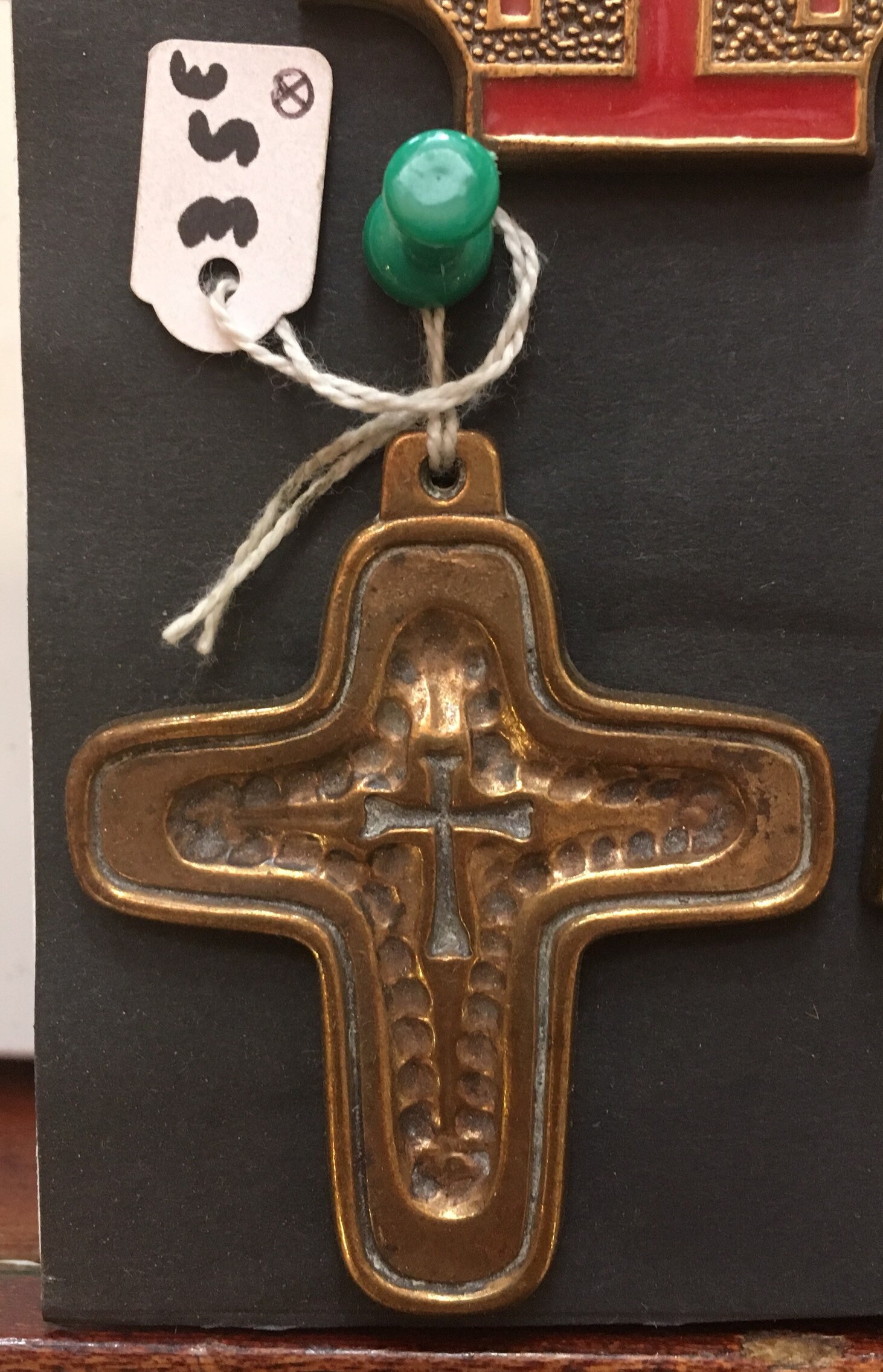 Catholic Bronze art, medieval style cross pendant.