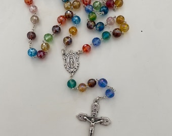 Authentic Religious Rosary from France in multi-colored faceted beads with reflections, Virgin Mary and Jesus on the Cross pendant