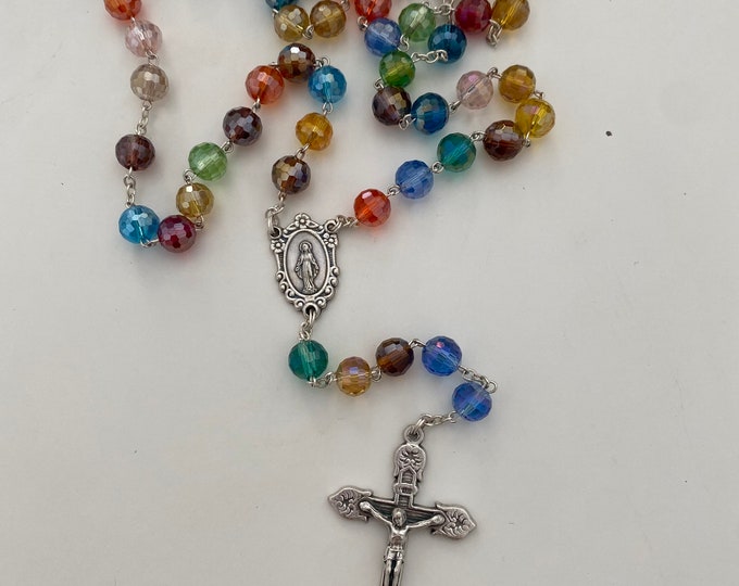 Authentic Religious Rosary from France in multi-colored faceted beads with reflections, Virgin Mary and Jesus on the Cross pendant