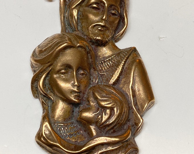Religious Bronze Art, Holy Family enamelled bronze red and yellow.