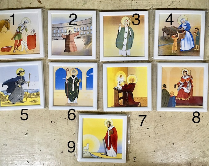 Religious art, illustrations of saints on framed tile