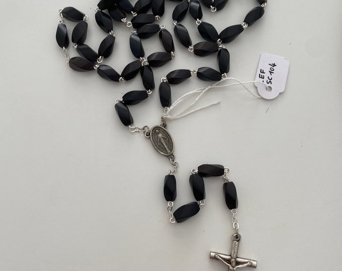 Authentic Religious Rosary of France in ebony wood beads, heart of the Rosary pendant Virgin Mary and Jesus on the Cross