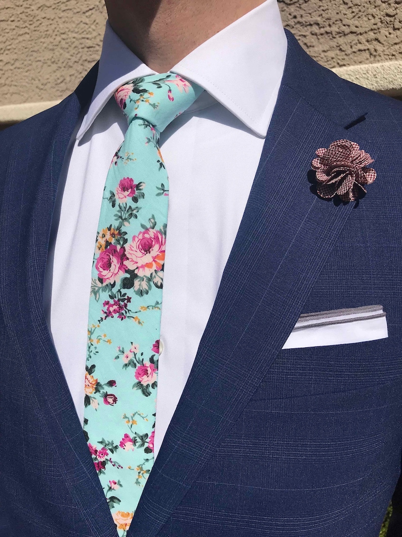 Mens Slim Floral Cotton Tie Pocket Square and Lapel Pin Set | Etsy