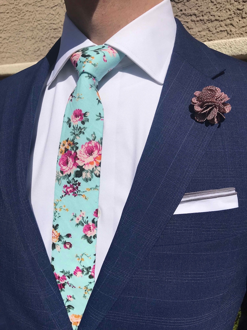 Mens Slim Floral Cotton Tie Pocket Square and Lapel Pin Set Etsy