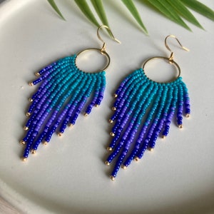 Blue and Purple Ombre seed bead fringe earrings