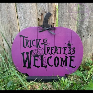Purple Pumpkin Project wood pumpkins double sided design fall decor Halloween decor trick or treat trick or treaters welcome porch sign