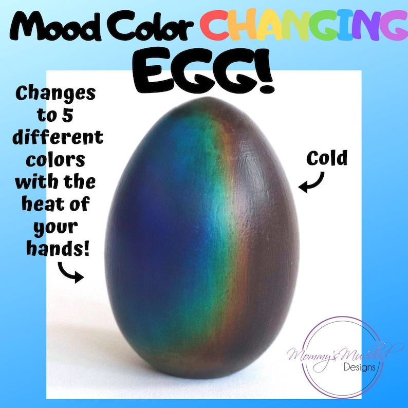 May include: A mood colour changing egg that changes to 5 different colours with the heat of your hands. The egg is blue and brown with a rainbow sheen.