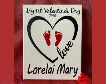 Personalized My First Valentine's Day Footprint Canvas, baby gift for new dad new mom parent gift godparent baby shower gift