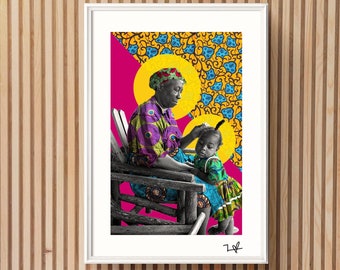 Grandma braids girls hair - Limited Edition Print - A4 or A3 Print - Digital Collage