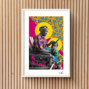 La abuela trenza el cabello de las niñas - Impresión de edición limitada - Impresión A4 o A3 - Collage digital