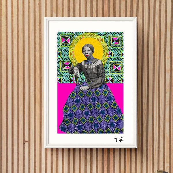 Lámina artística de Harriet Tubman: collage de tela africana de edición limitada