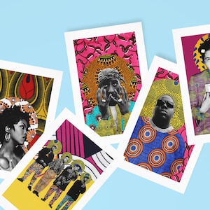 Puede incluir: Cinco impresiones coloridas con retratos de figuras históricas y músicos negros. Las impresiones están enmarcadas con bordes blancos y tienen una variedad de patrones y diseños coloridos.