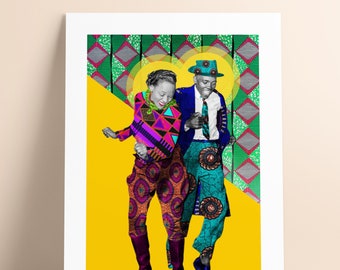 Può includere: Un'illustrazione colorata di una coppia che balla. La donna indossa un vestito a motivi rosa, viola e nero e l'uomo indossa un abito blu con una camicia a motivi verdi e blu. Lo sfondo è un motivo geometrico giallo e verde.