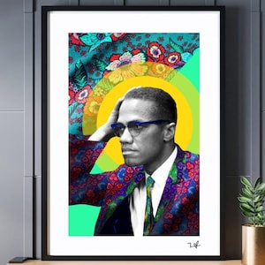 May include: Framed art print with a portrait of a man in glasses, set against a colourful backdrop. The man wears a patterned suit. The background features floral patterns and a yellow circle. The print is in a black frame.