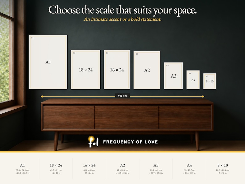 Pode incluir: Um guia de tamanhos com sete molduras retangulares rotuladas A1, 18x24, 16x24, A2, A3, A4 e 8x10, exibidas sobre uma mesa console de madeira. O texto diz Choose the scale that suits your space e Frequency of Love.