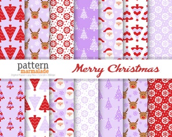 SALE Merry Christmas Digital Paper Pattern - Lilac Purple Christmas Tree/Santa/Reindeer For Personal and Small Commercial Use - U011MG04