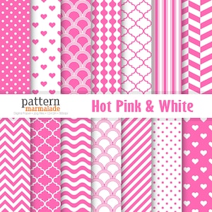 SALE Hot Pink & White Digital Paper Pattern - Polka Dot/Chevron/Wave/Love/Stripe/Scallop/.. For Personal and Small Commercial Use - S1114