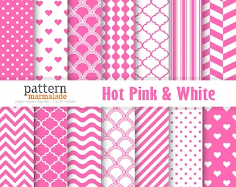 SALE Hot Pink & White Digital Paper Pattern - Polka Dot/Chevron/Wave/Love/Stripe/Scallop/.. For Personal and Small Commercial Use - S1114