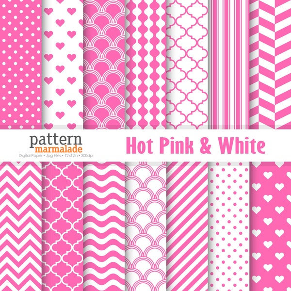 SALE Hot Pink & White Digital Paper Pattern - Polka Dot/Chevron/Wave/Love/Stripe/Scallop/.. For Personal and Small Commercial Use - S1114