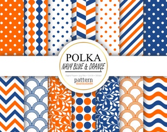 SALE Polka Navy Blue And Orange Color Digital Paper Pattern - Chevron/Wave/Stripe/Scallop.. For Personal and Small Commercial Use - T0105