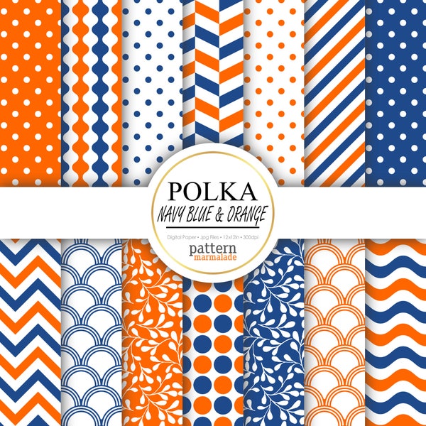 SALE Polka Navy Blue And Orange Color Digital Paper Pattern - Chevron/Wave/Stripe/Scallop.. For Personal and Small Commercial Use - T0105