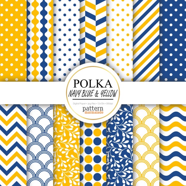 SALE Polka Navy Blue And Yellow Digital Paper Pattern - Chevron/Wave/Stripe/Scallop/Leaf For Personal and Small Commercial Use - T0217