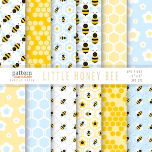 May include: A collection of twelve digital paper patterns featuring honey bees, yellow and white honeycomb designs, and light blue and yellow flowers. The text reads pattern marmalade LITTLE HONEY BEE JPG FILES 12"x12" 300 DPI.
