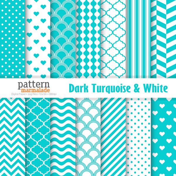 SALE Dark Turquoise & White Digital Paper Pattern - Polka Dot/Chevron/Wave/Love/Stripe For Personal and Small Commercial Use - S1124