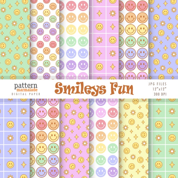 SALE Smileys Fun Digital Paper -Smiley Pattern Red Orange Yellow Green Blue Purple For Personal and Small Commercial Use - BW005C