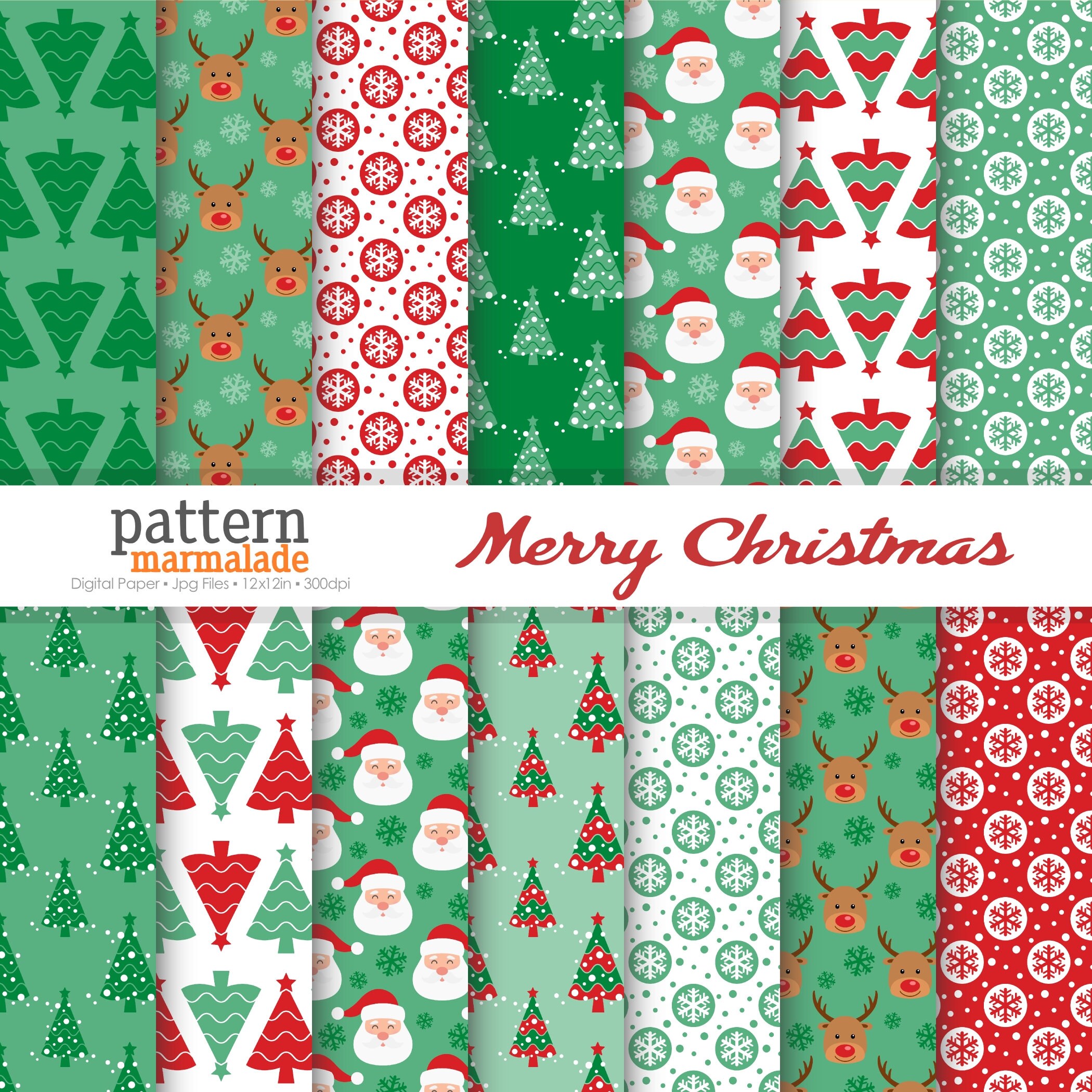 SALE Merry Christmas Digital Paper Pattern Christmas Tree/santa