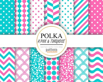 SALE Polka Hot Pink And Turquoise Digital Paper Pattern - Chevron/Wave/Stripe/Scallop/Leaf For Personal and Small Commercial Use - S1213