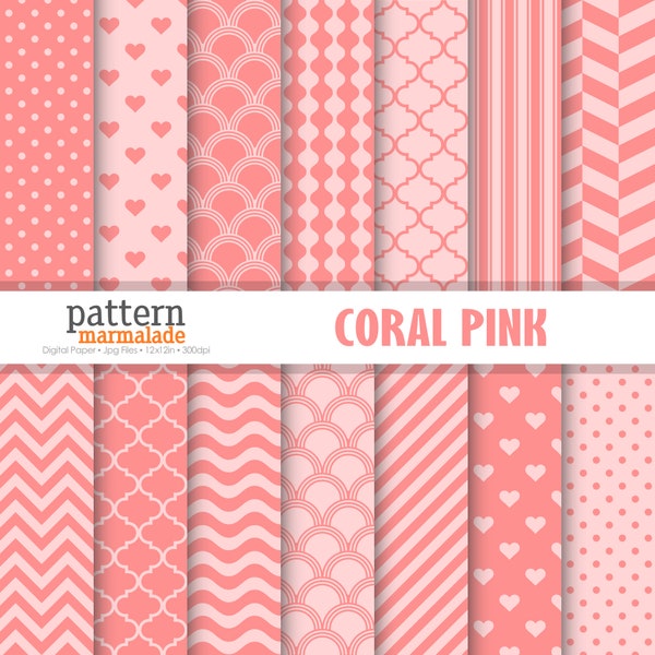 SALE Coral Pink Digital Paper Pattern - Polka Dot/Chevron/Wave/Love/Stripe/Scallop/.. For Personal and Small Commercial Use - T0203