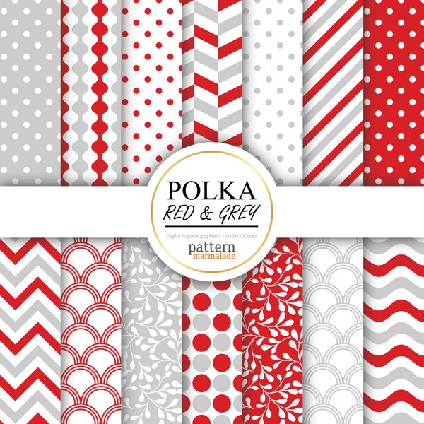 SALE Polka Red And Grey Digital Paper Pattern - Chevron/Wave/Stripe/Scallop/Leaf For Personal and Small Commercial Use - T0608