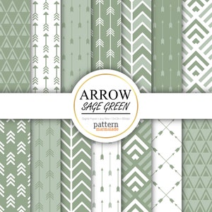 May include: A set of 12 digital papers featuring arrow and geometric patterns in sage green and white. The papers are 12x12 inches and 300 dpi. The text "Arrow Sage Green" is in a circle at the top of the image.