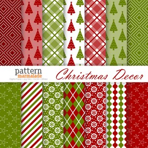 May include: A selection of Christmas-themed digital paper patterns. The patterns feature red and green designs with Christmas trees, plaid, polka dots, snowflakes, and stars. The text "Christmas Decor" is displayed in a cursive font.