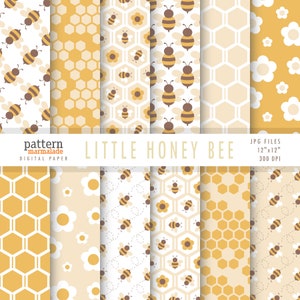 May include: A collection of twelve digital paper patterns featuring honey bees, yellow and white honeycomb grids, and simple flower motifs. The text reads pattern marmalade LITTLE HONEY BEE JPG FILES 12"x12" 300 DPI in a neutral colour palette.