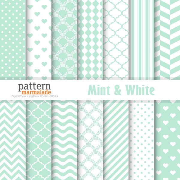 SALE Mint & White Digital Paper Pattern - Polka Dot/Chevron/Wave/Love/Stripe/Scallop/.. For Personal and Small Commercial Use - T0201