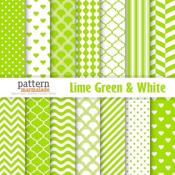 SALE Lime Green & White Digital Paper Pattern - Polka Dot/Chevron/Wave/Love/Stripe/Scallop For Personal and Small Commercial Use - S1122